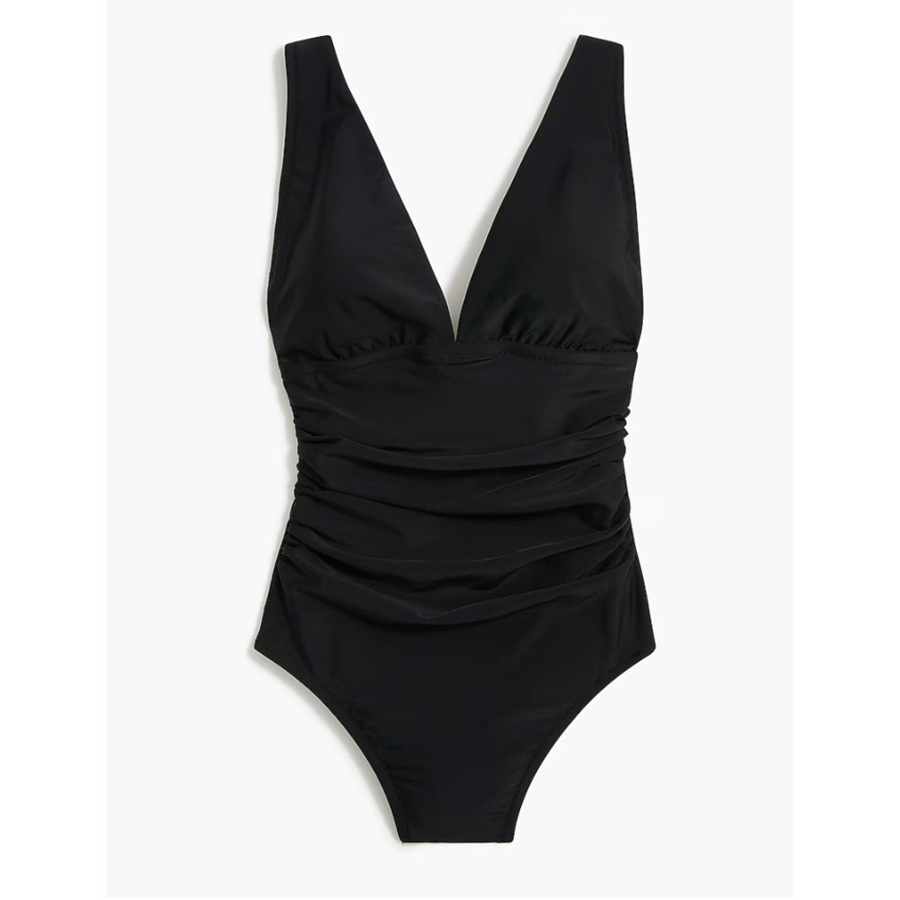 J. Crew Factory Swimsuit Women L Black Ruched Plunge One-Piece Vacation Resort